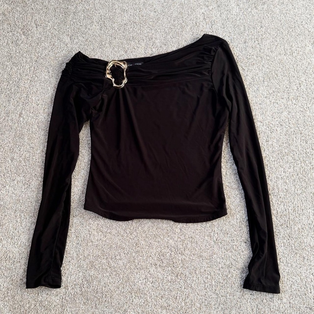 Vintage 90s Moa Moa Black Off Shoulder Buckle Top | Size S